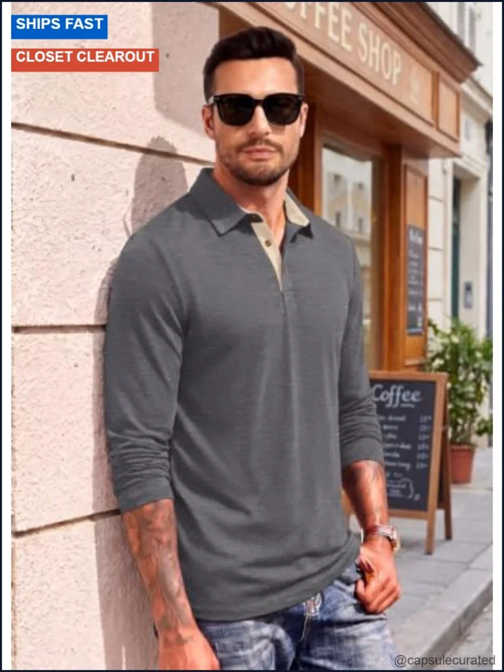 Men's Long Sleeve Polo Shirt Classic Button Collared Casual Stretch Knit